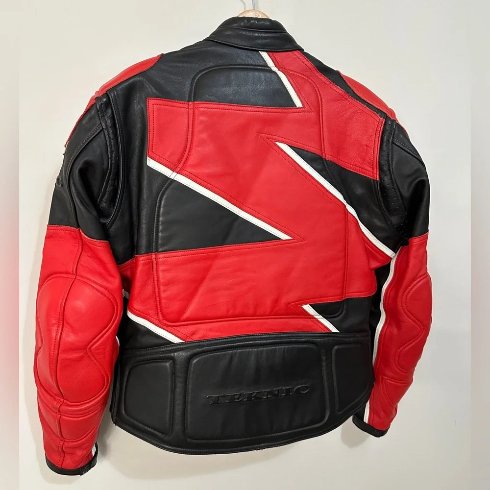 Red & Black Zigzag Lightening Strike Genuine Leather Motorcycle Jacket - Picture 7 of 12